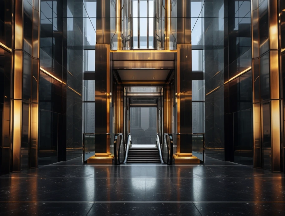 Interior of a building featuring a sleek gold and modern elevator